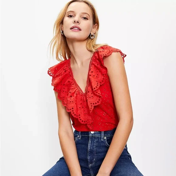 LOFT Eyelet V-Neck Tank Top with Ruffle V-Neck Vivid Red M Medium - Picture 1 of 7